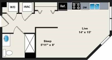 A floor plan of a room with a sleeping area and a living area.